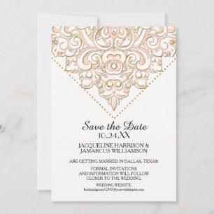 Save The Date Damask Pattern Gold Dot Lace Enregistrer la date P