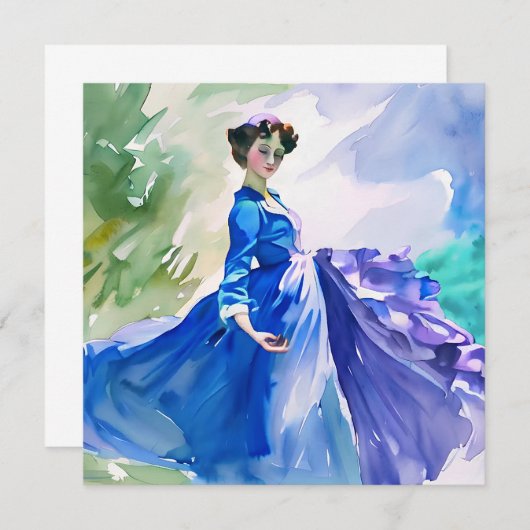 Save The Date Dame en Robe Bleue - Peinture aquarelle (Devant / Derrière)