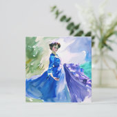 Save The Date Dame en Robe Bleue - Peinture aquarelle (Debout devant)