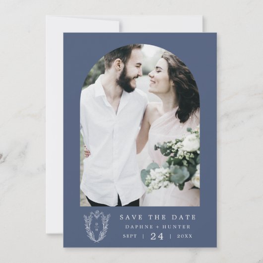 Save The Date DAPHNE Bleu foncé Blanc Botanique Mariage moderne (Devant)