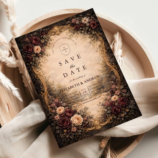 Save The Date Dark Baroque Floral Wedding