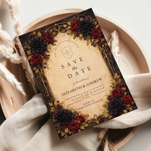 Save The Date Dark Baroque Red Floral Wedding