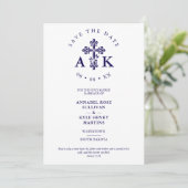 Save The Date Dark Blue Ornate Christian Cross Wedding Initials (Debout devant)
