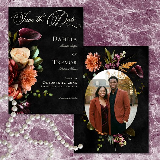 Save The Date Dark Elegant Autumn Floral Photo Wedding