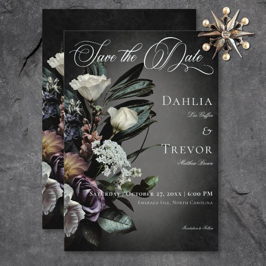 Save The Date Dark Gothic Mystérieux Muted Floral Blur Mariage