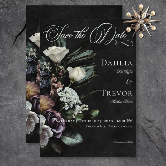 Save The Date Dark Gothic Mystérieux Muted Floral Mariage