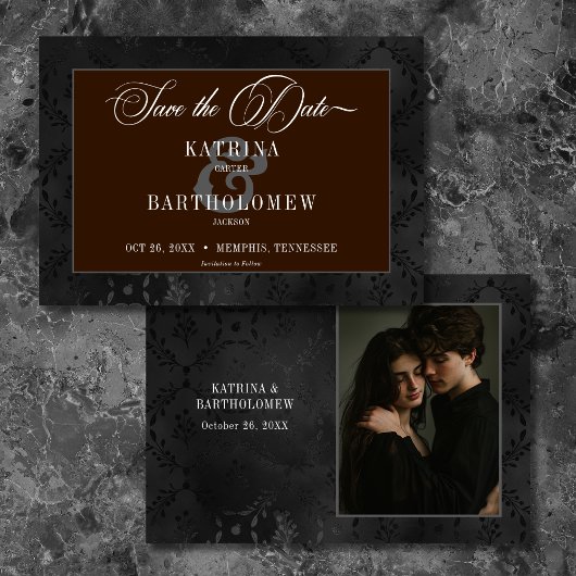 Save The Date Dark Gothique Noir Floral Satin Damask Photo Brown