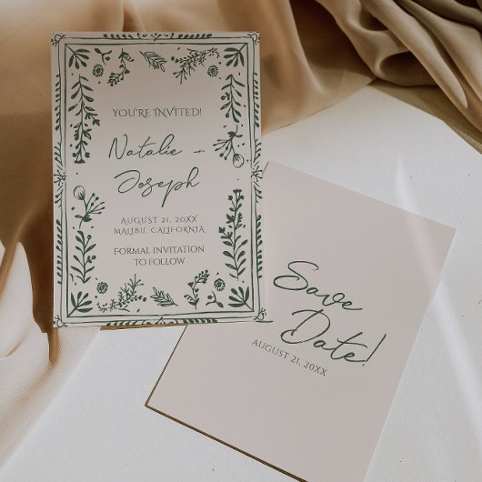 Save The Date Dark Green Hand Drawn Floral Garden Boho Wedding 