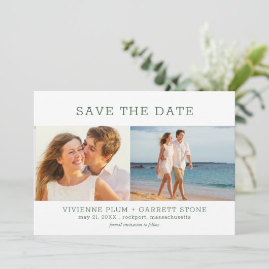 Save The Date Dark Green Text Trois Mariage photo (Debout devant)
