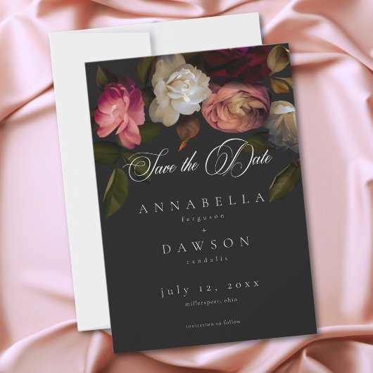 Save The Date Dark Moody Burgundy Cream Peonies Black