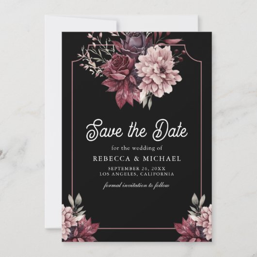 Save The Date Dark Moody Floral Frame Photo Black Mariage (Devant)