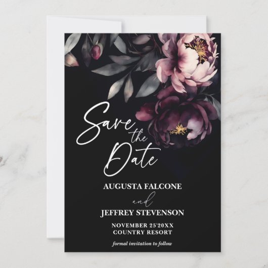 Save The Date Dark moody noir élégant bordeaux peoné (Devant)