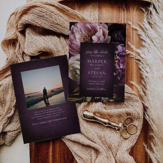 Save The Date Dark Purple Fine Art Floral Elegant Wedding