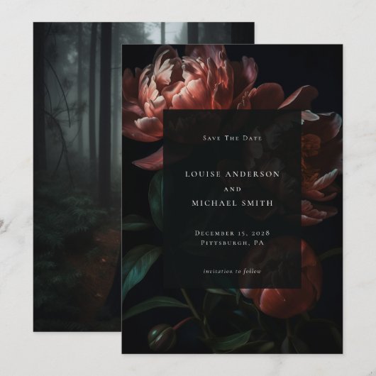 Save The Date Dark Romantic Black Peony Floral Mariage Photo (Devant / Derrière)