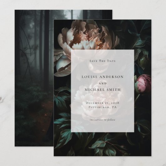 Save The Date Dark Romantic Black Peony Floral Mariage Photo (Devant / Derrière)