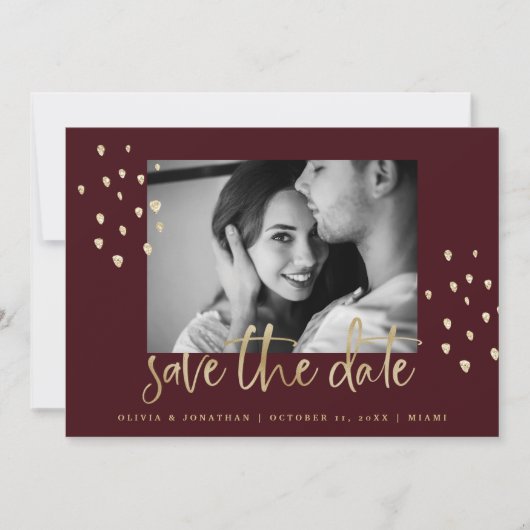 Save The Date Date d'or | Gold Script Bourgogne avec photo (Devant)