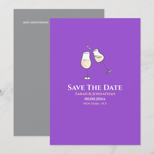 Save The Date De simples verres à champagne trinquent violet uni (Devant / Derrière)