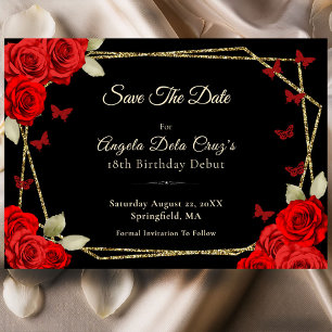 Save The Date Début élégant pour 18 ans avec roses noires et or