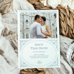 Save The Date Déco moderne   Bleu blanc et poussiéreux avec phot