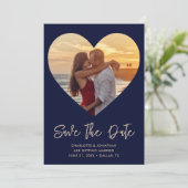 Save The Date Découpe Gold & Blue Heart Pour Mariage Photo (Debout devant)