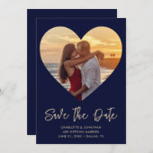 Save The Date Découpe Gold & Blue Heart Pour Mariage Photo (Devant / Derrière)