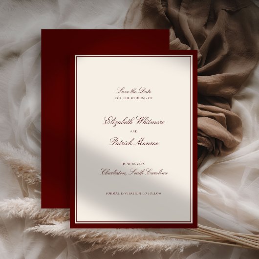 Save The Date Deep Burgundy Formal Modern Classic Estate Wedding