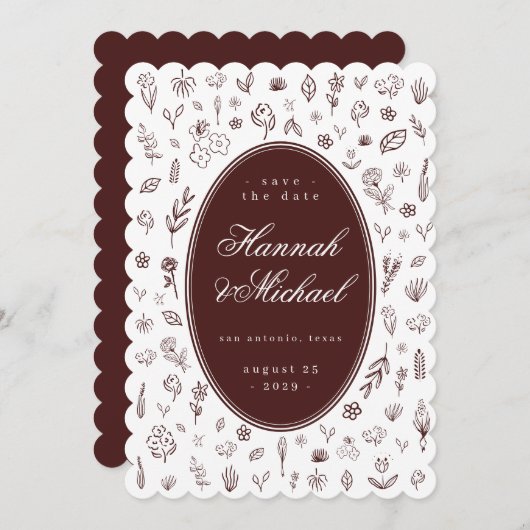 Save The Date Deep Burgundy Hand Drawn Flowers Spring Wedding (Devant / Derrière)