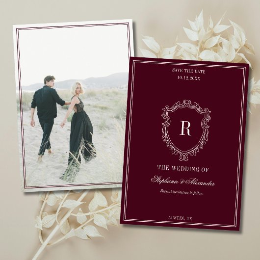 Save The Date Deep Burgundy Ivory Crest Old Money Photo Wedding