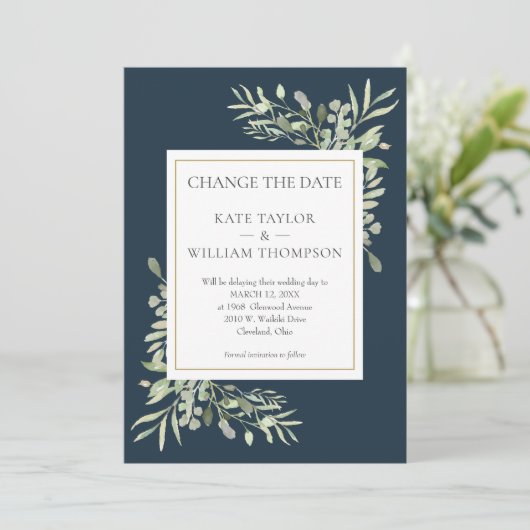 Save The Date Deep Sea Blue Modifier le Mariage Date Greenery (Debout devant)