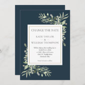 Save The Date Deep Sea Blue Modifier le Mariage Date Greenery (Devant / Derrière)