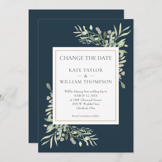 Save The Date Deep Sea Blue Modifier le Mariage Date Greenery (Devant / Derrière)