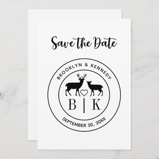 Save The Date Deer Monogram Mariage campagnard rustique Nom du c (Devant / Derrière)