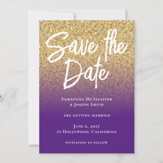 Save The Date Dégradé de pourpre royal pailleté or (Devant)