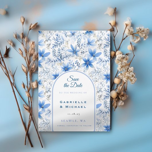 Save The Date Delft Blue White Chinoiserie Motif Floral