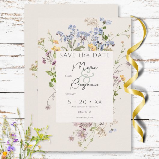 Save The Date Délicat Boho Fleurs sauvages Mariage de crème