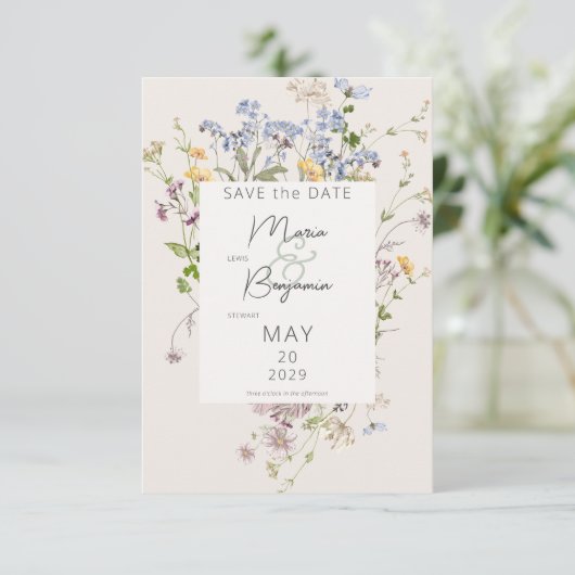 Save The Date Délicat Boho Fleurs sauvages Mariage de crème (Debout devant)