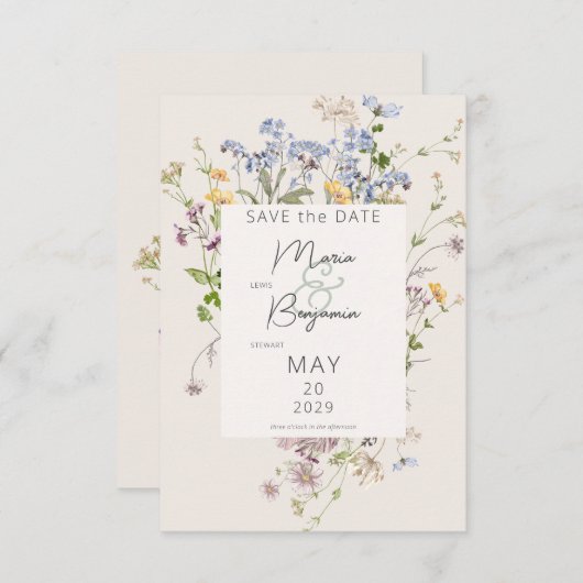 Save The Date Délicat Boho Fleurs sauvages Mariage de crème (Devant / Derrière)