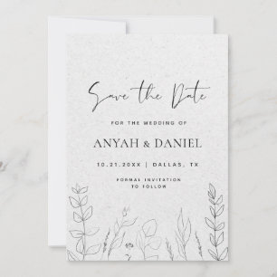 Save The Date Délicat Flore Dessiné Art noir Blanc Kraft