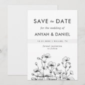Save The Date Délicat Main Tirée Fleur Sauvage Nature Noir Blanc (Devant / Derrière)