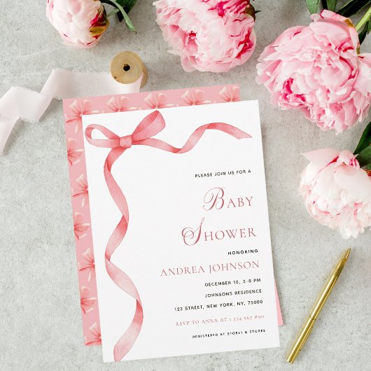 Save The Date Délicat rose Ruban Bow Baby shower moderne fille