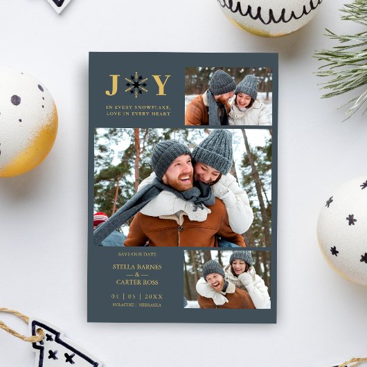 Save The Date Delicate Blue & Gold SnowFlake 3 Photos Collage