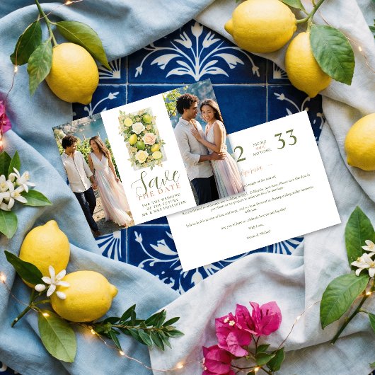 Save The Date Delicate Botanical Lemon Floral 2-Photo Wedding