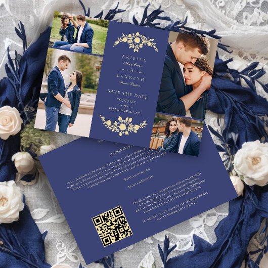 Save The Date Delicate Floral Navy Blue & Gold 4 Photos Collage