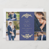 Save The Date Delicate Floral Navy Blue & Gold 4 Photos Collage (Devant)