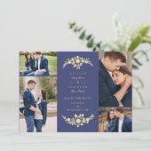 Save The Date Delicate Floral Navy Blue & Gold 4 Photos Collage (Debout devant)