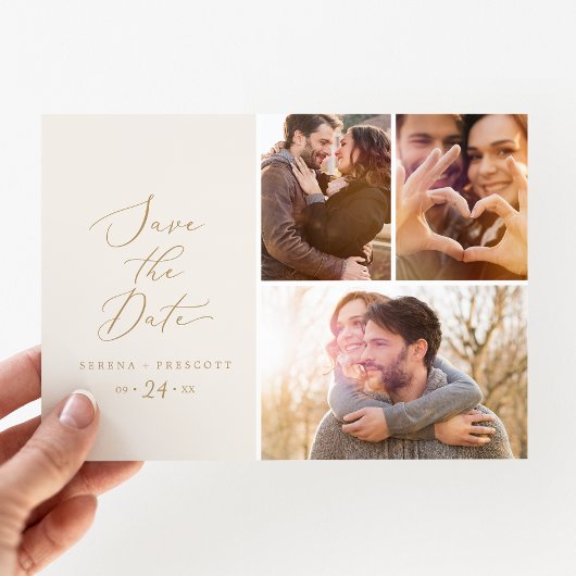 Save The Date Delicate Gold Cream 3 Photo Collage Enregistrer La