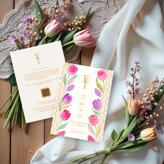 Save The Date Delicate Pink & Purple Tulips Border Wedding