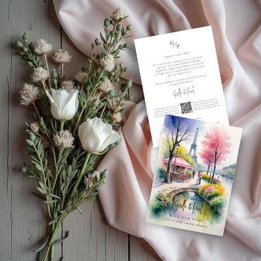 Save The Date Delicate Pink Romantic Paris Landscape Wedding