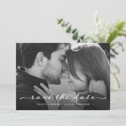 Save the date | Delicate Script Photo et QR Code (Debout devant)