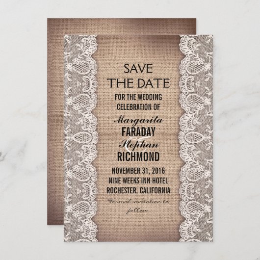 Save The Date dentelle antique et burlap rustique enregistrer le (Devant / Derrière)